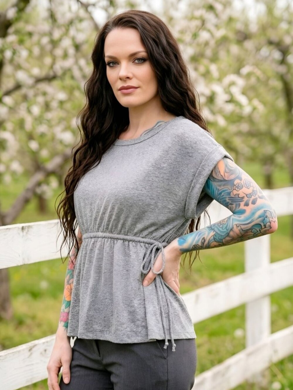 Caslon ✦ Short‑Sleeve Top ✦ Tie‑Waist Heather Gray Soft Knit Adjustable XXSP